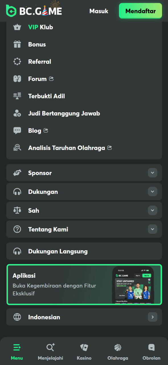 Gulir ke bawah pada menu BC Game.