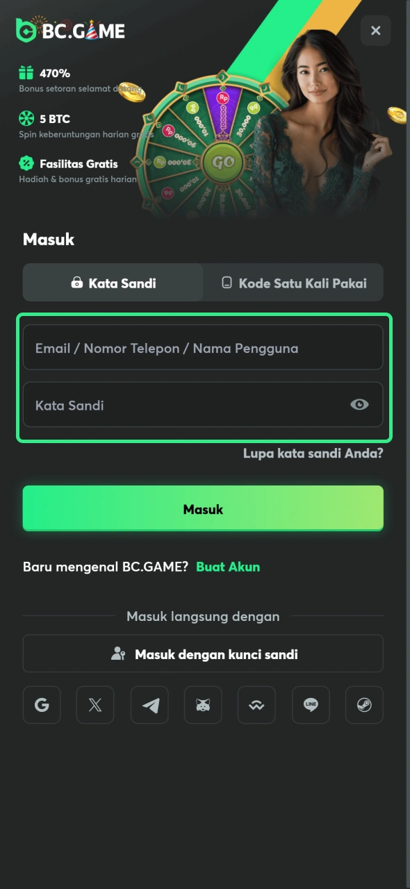 Masuk ke akun Anda di aplikasi BC Game.