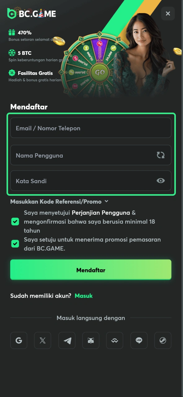 Buat akun di BC Game untuk mulai memasang taruhan pada pertandingan bola basket.
