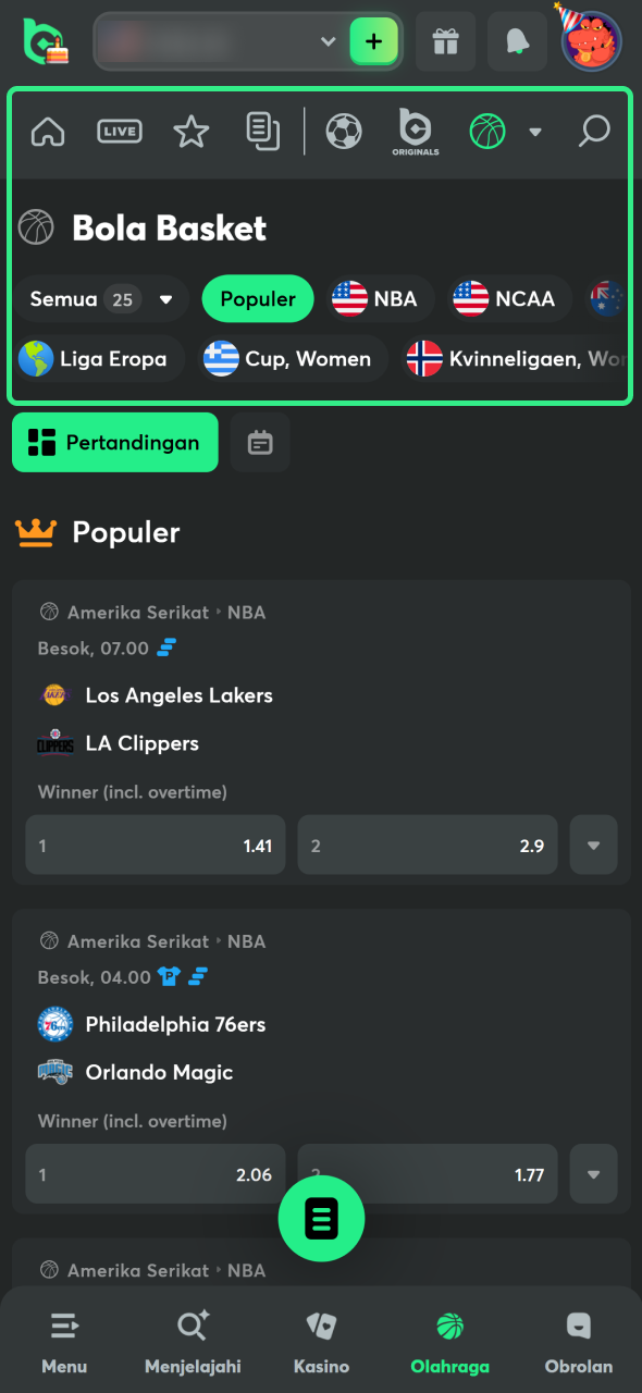 Buka bagian bola basket di BC Game.