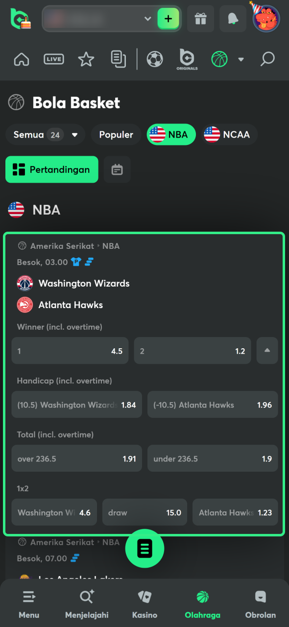 Pilih pertandingan bola basket yang akan Anda pertaruhkan di BC Game.
