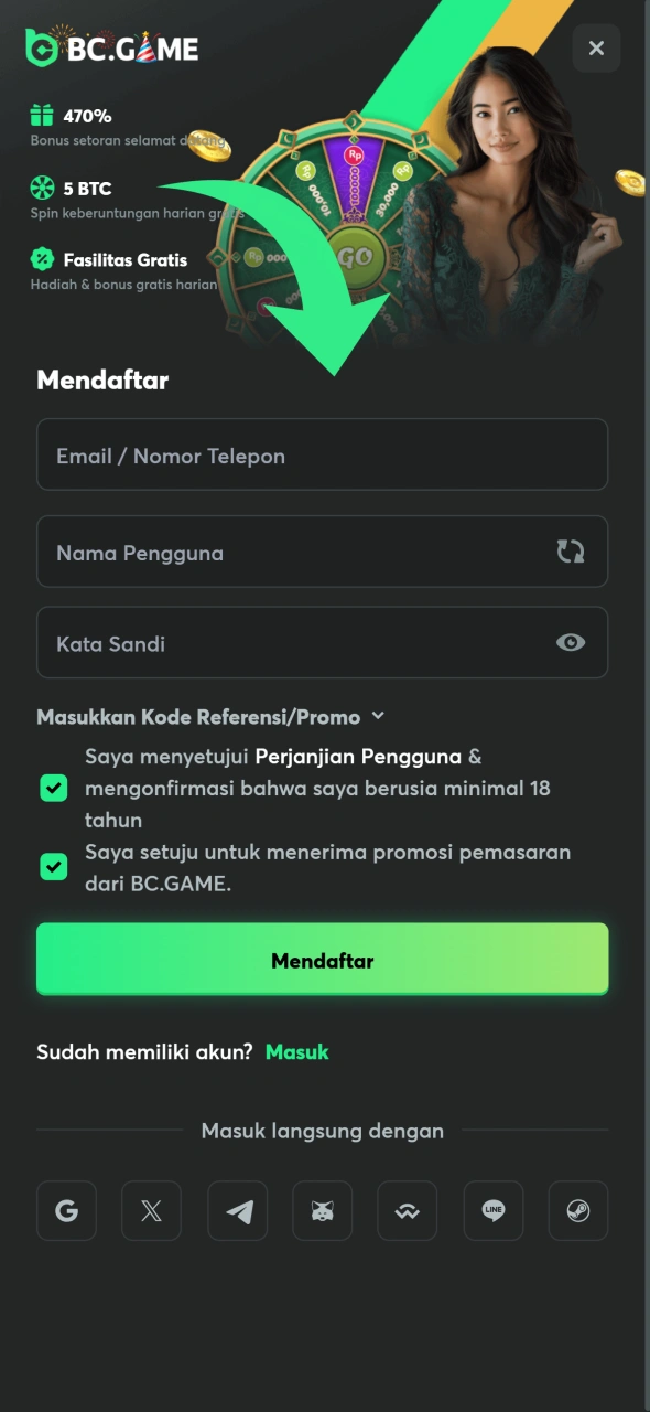 Mulailah dengan membuat akun di BC Game.