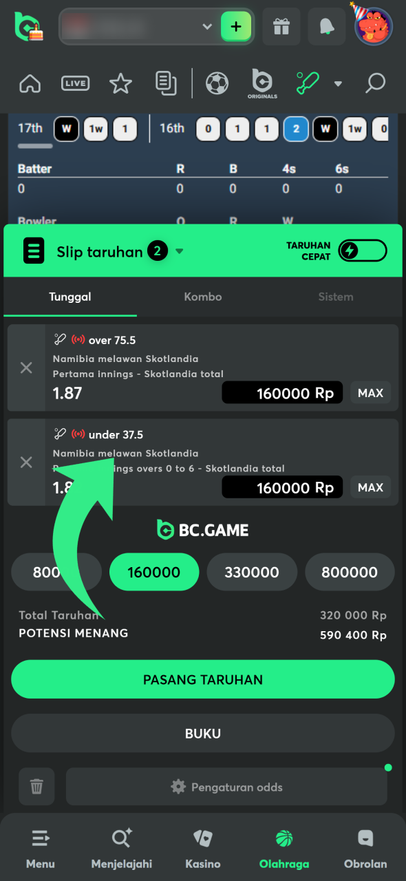 Masukkan jumlah taruhan dan konfirmasi di BC Game.
