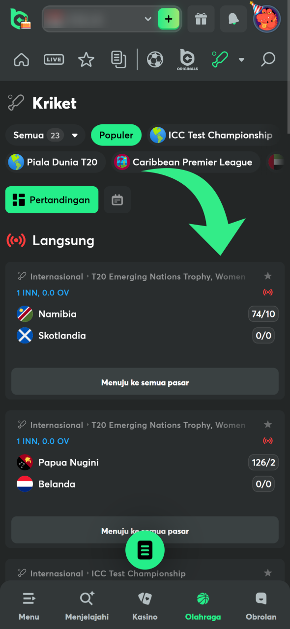 Kunjungi halaman Olahraga dan pilih kriket di BC Game.