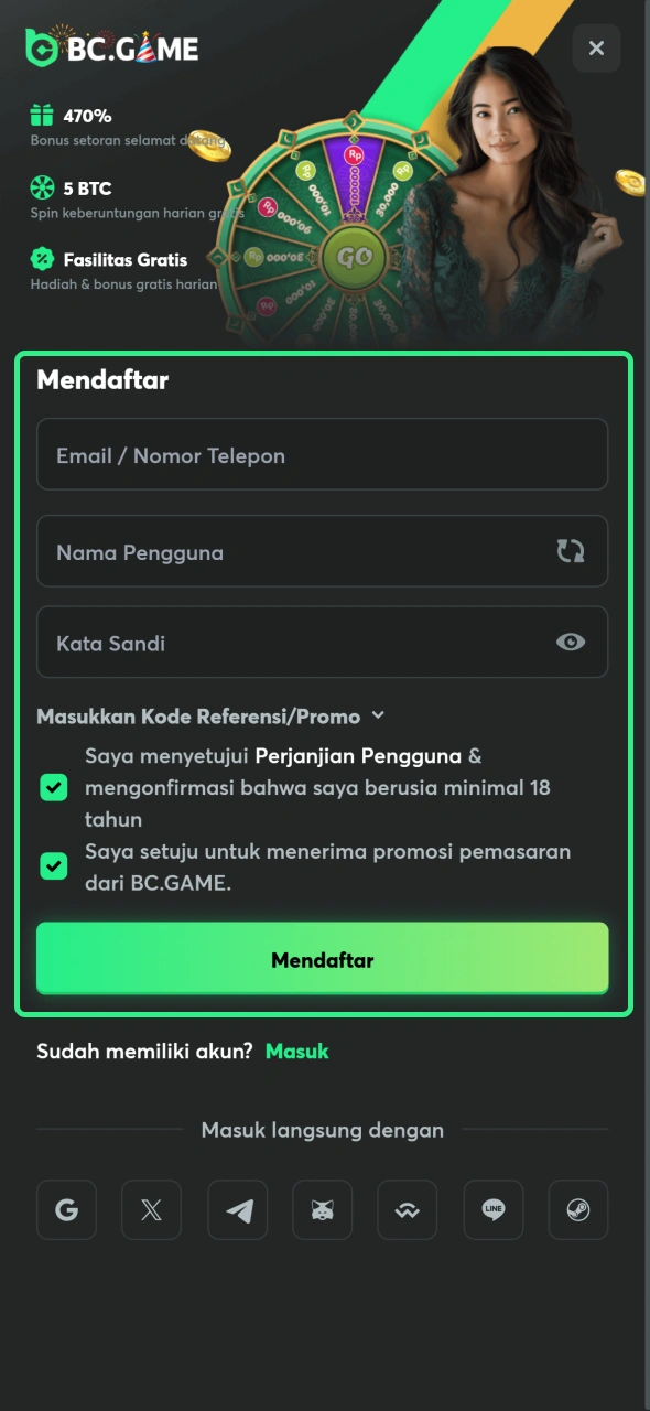 Daftar untuk memasang taruhan di BC Game.