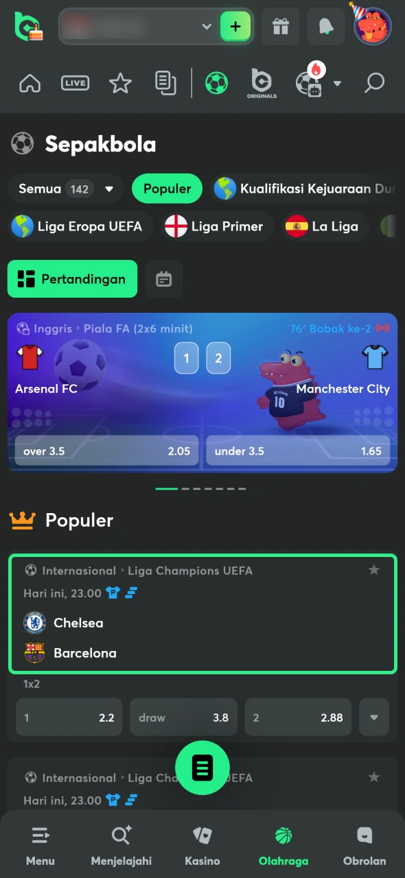 Buka bagian sepak bola di BC Game dan pilih kompetisi.