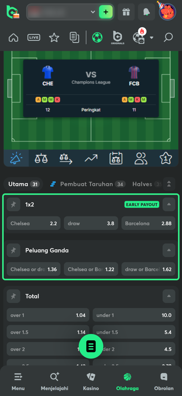 Pilih pasar taruhan sepak bola di BC Game.