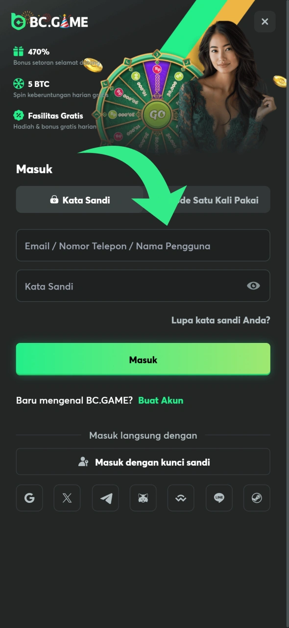 Buka akun Anda di aplikasi BC Game.