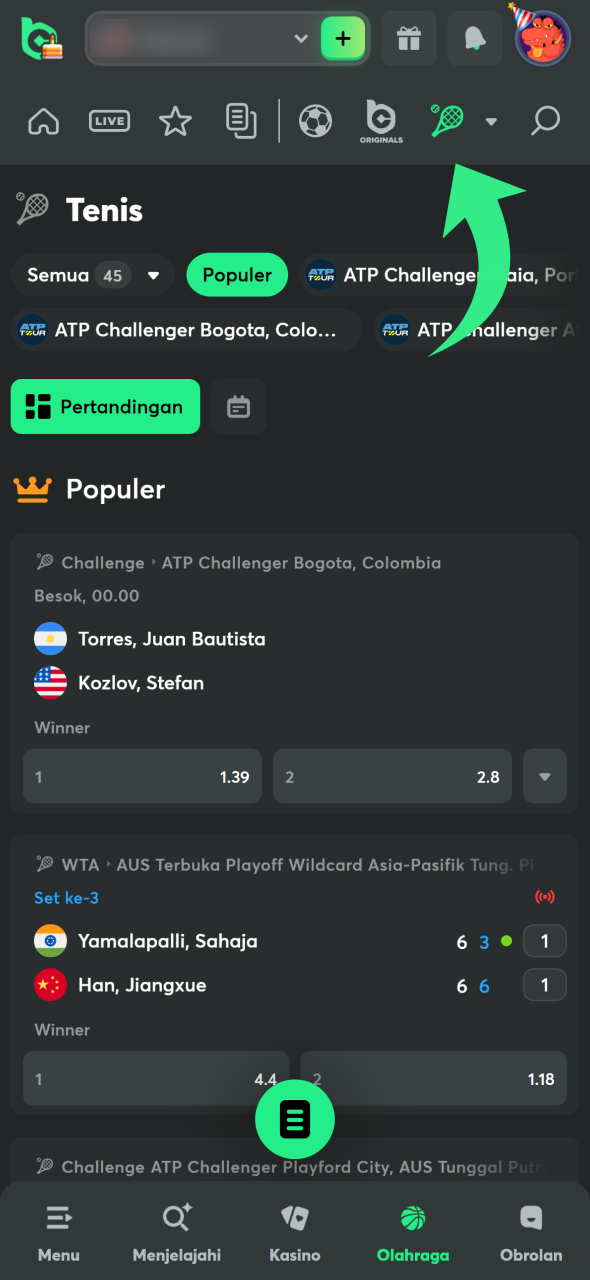 Kunjungi halaman tenis di aplikasi BC Game untuk mulai bertaruh.