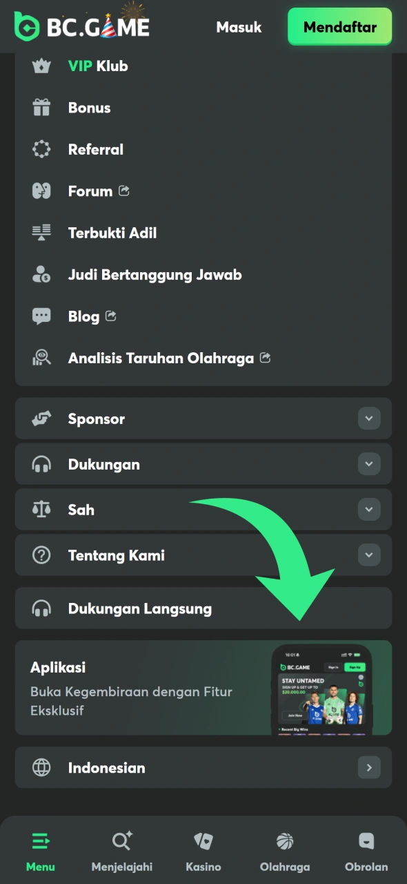 Buka menu BC Game dan temukan tombol aplikasi.