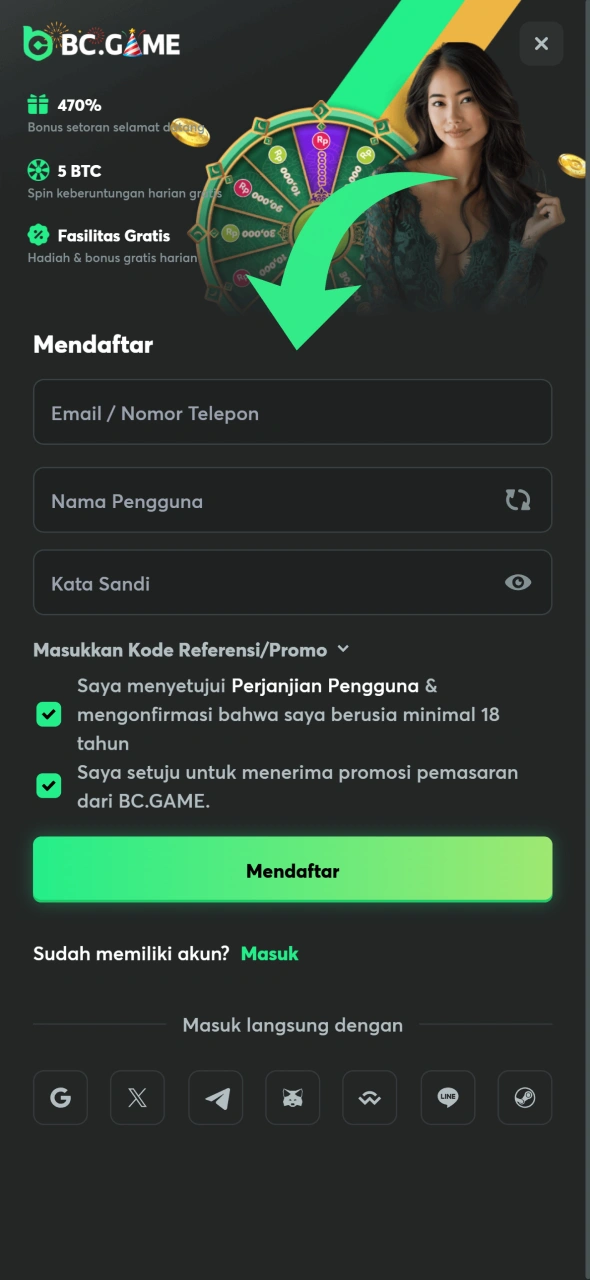 Buat akun untuk mengakses layanan taruhan di BC Game.