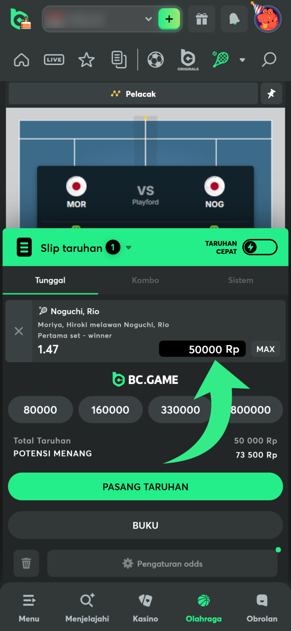 Masukkan jumlah uang yang ingin Anda pertaruhkan di BC Game.