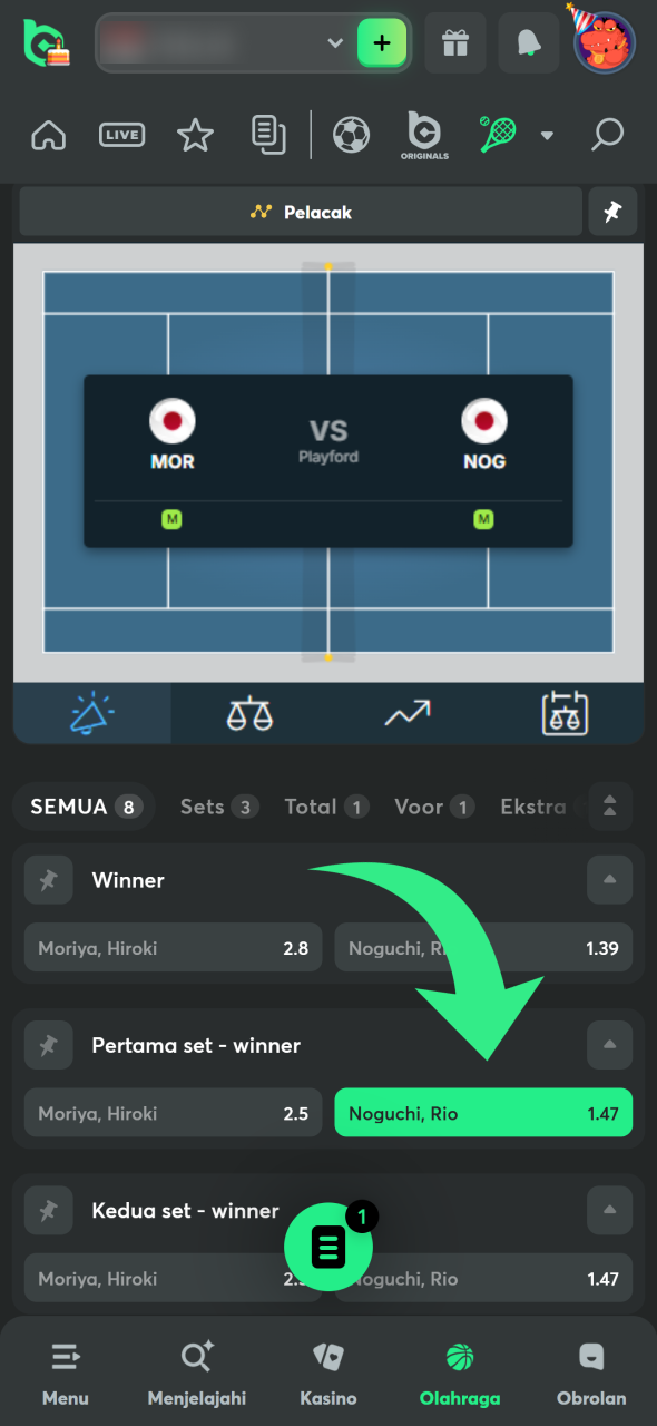 Pasang taruhan Anda di satu atau lebih pasar taruhan tenis di BC Game.