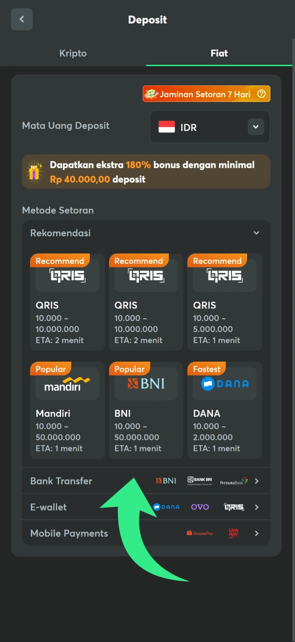 Lakukan deposit untuk memasang taruhan pada pertandingan tenis di BC Game.