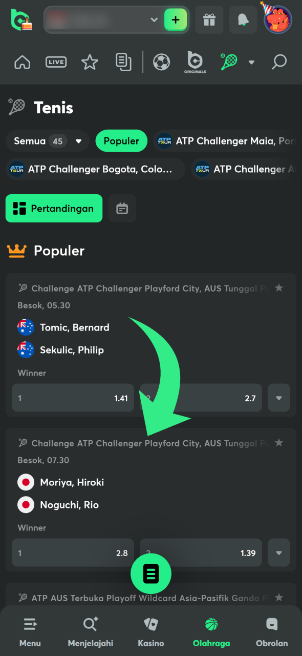 Buka tab tenis dan pilih pertandingan di BC Game.