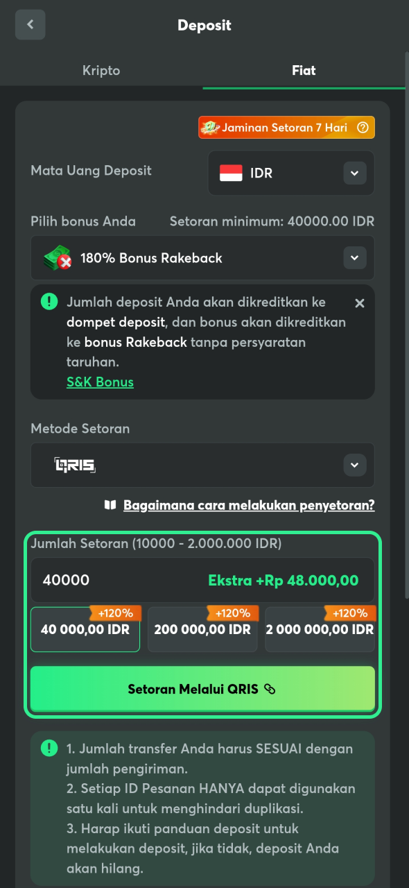 BC Game menawarkan opsi deposit mudah menggunakan kripto atau IDR melalui transfer bank atau QRIS.