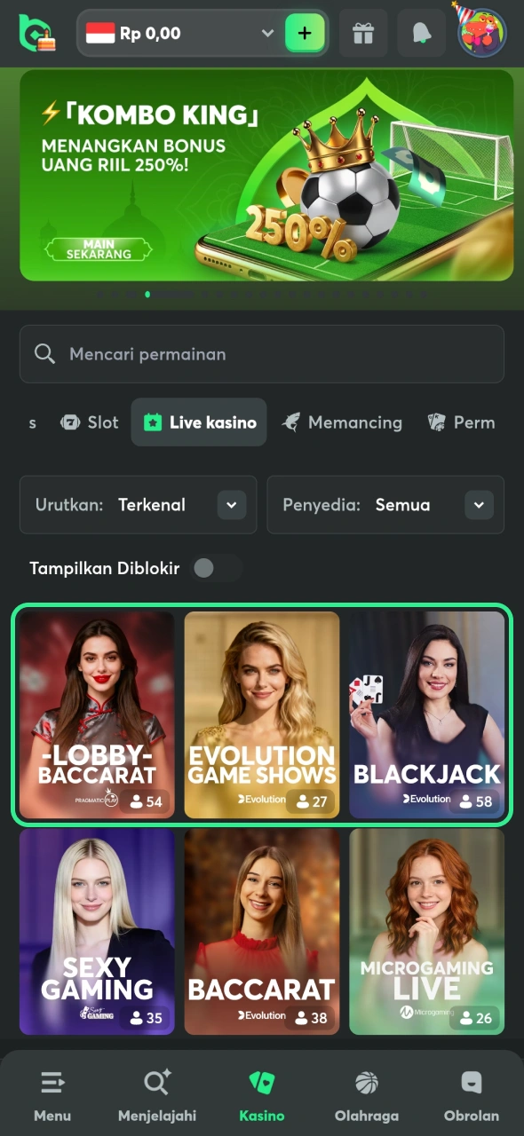 Jelajahi bagian kasino langsung dan pilih dari berbagai permainan di BC Game.