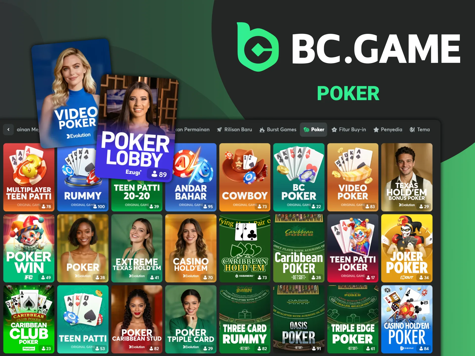 Tantang dealer dan uji keterampilan kartu Anda dengan bermain Poker di BC Game.