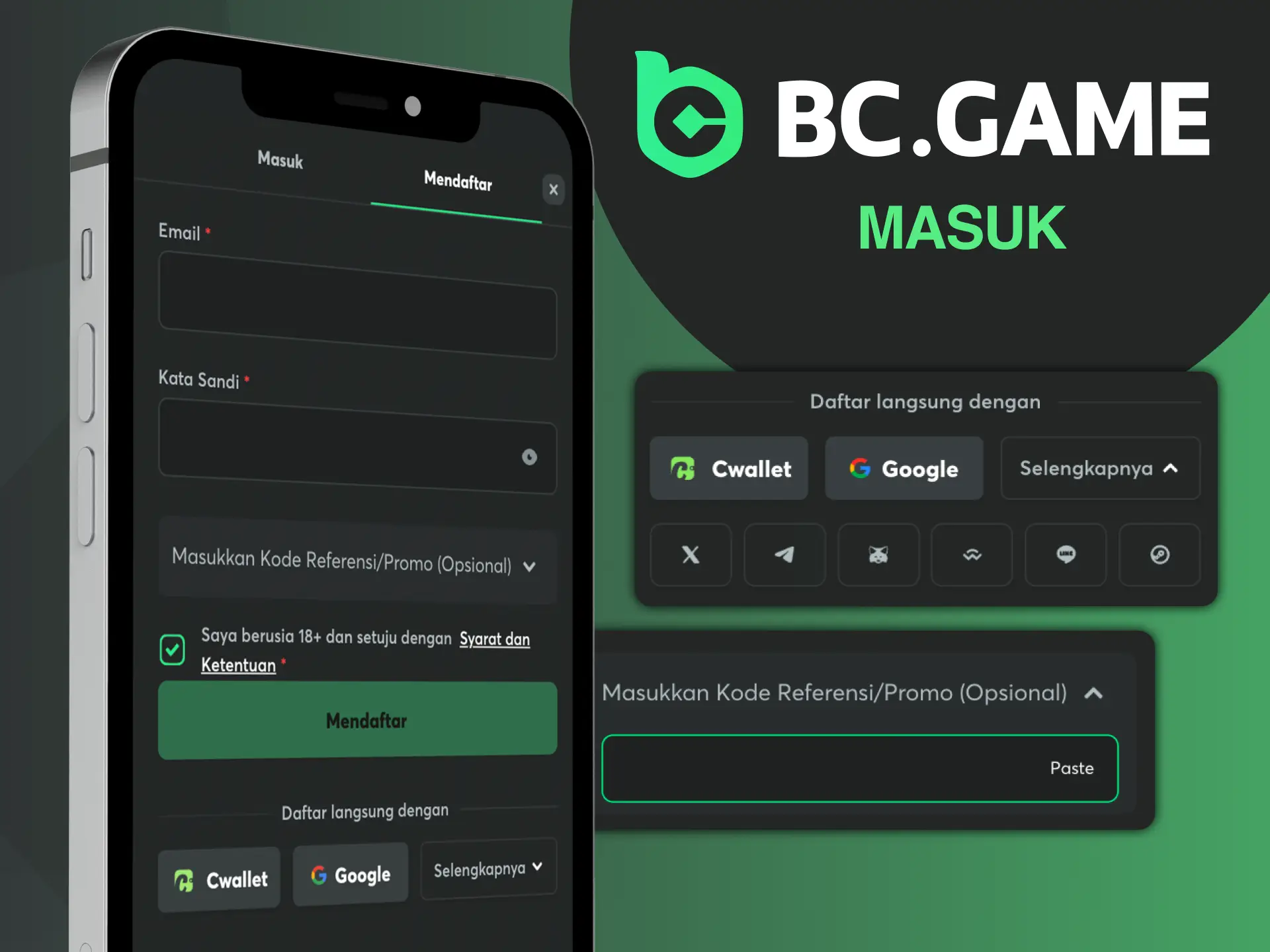 Biasakan diri Anda dengan instruksi untuk masuk ke aplikasi BC Game.