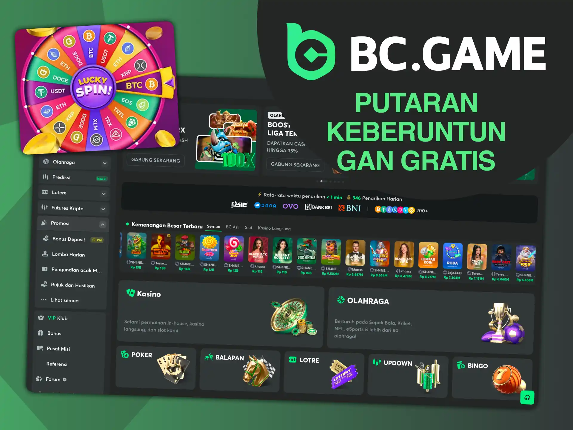 Mulailah dengan Lucky Spins Gratis di kasino BC Game.