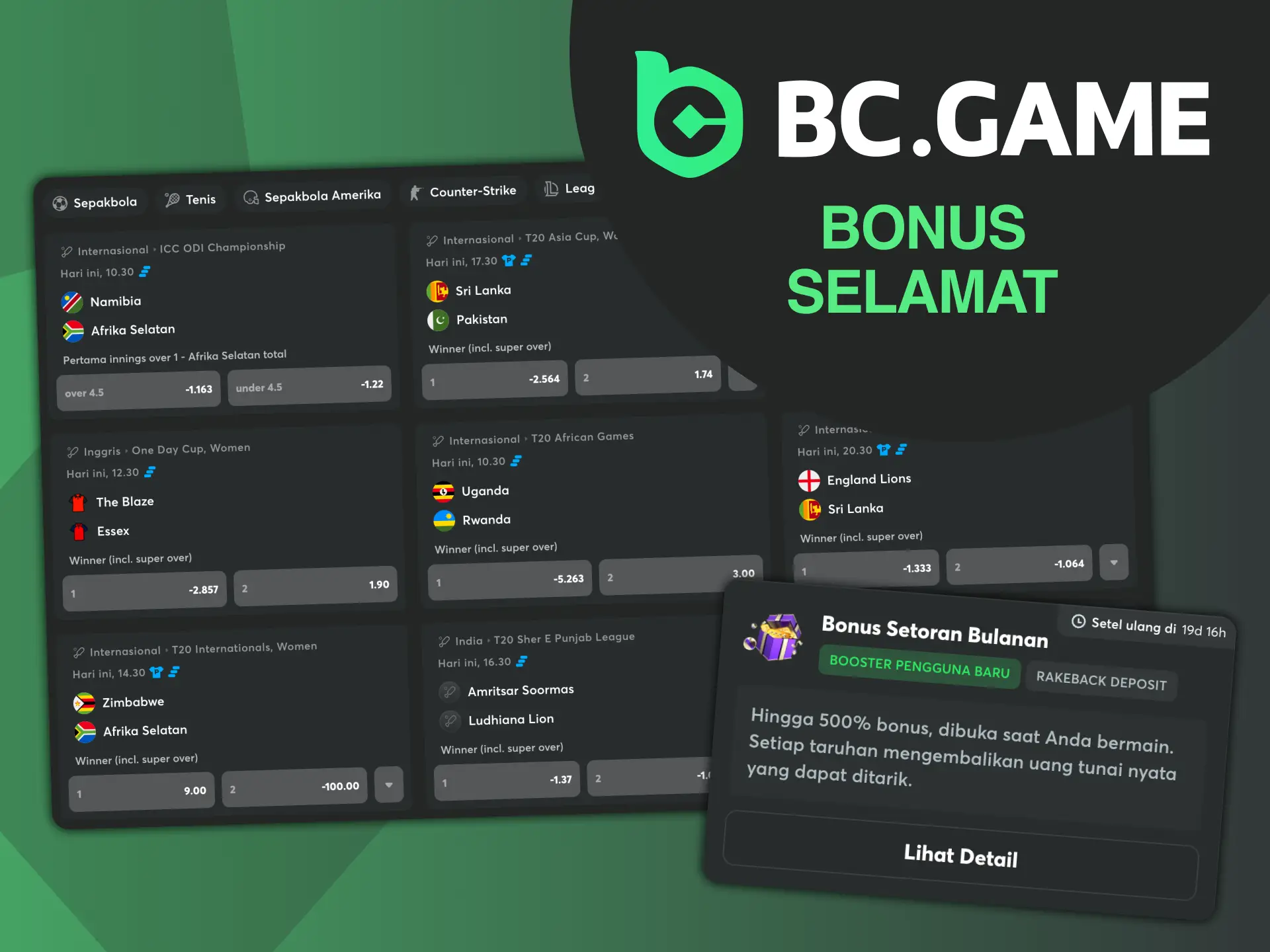 Klaim bonus selamat datang khusus kriket BC Game untuk memulai taruhan.