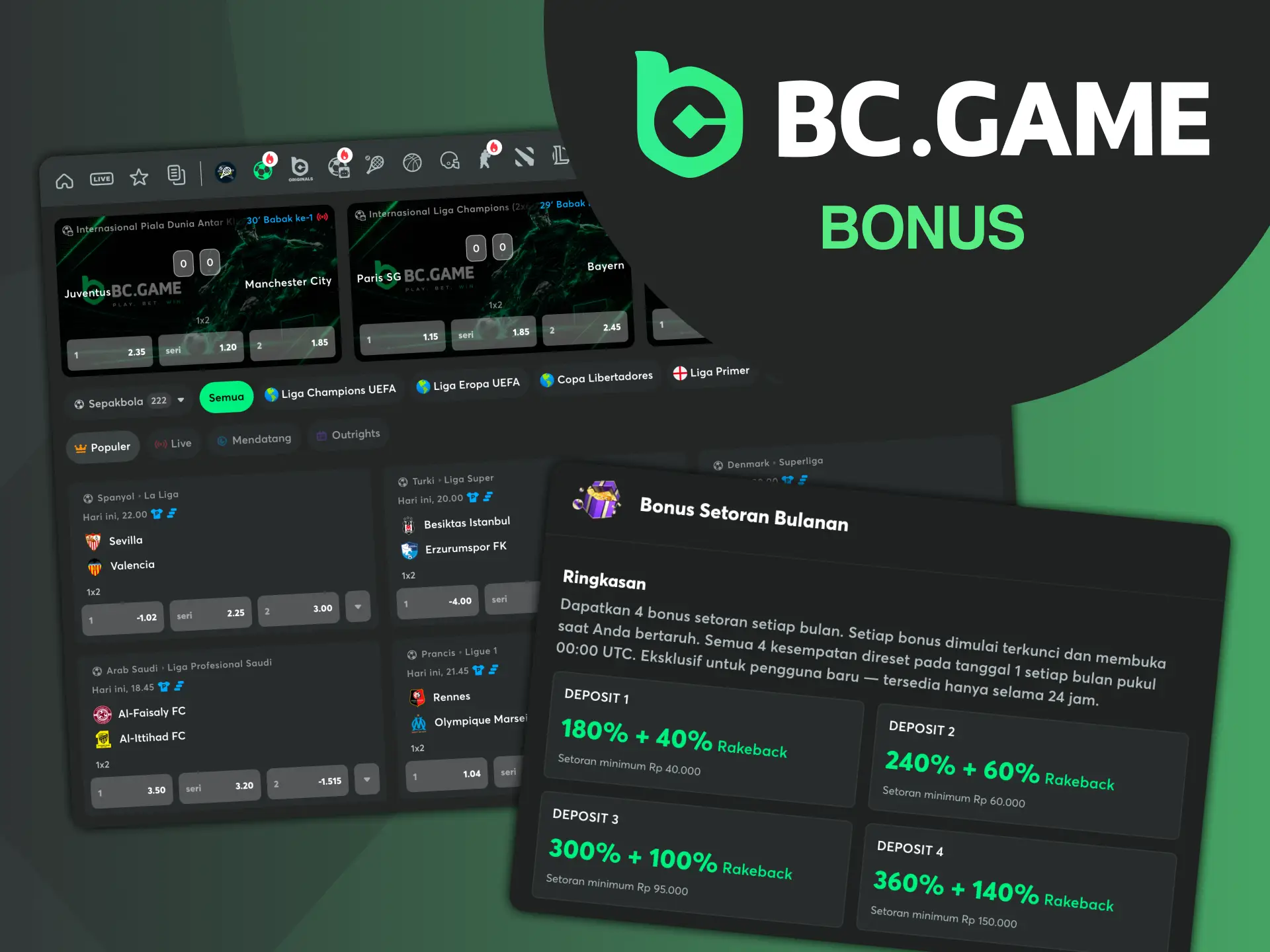 Dapatkan bonus selamat datang sepak bola BC Game untuk pengguna baru.