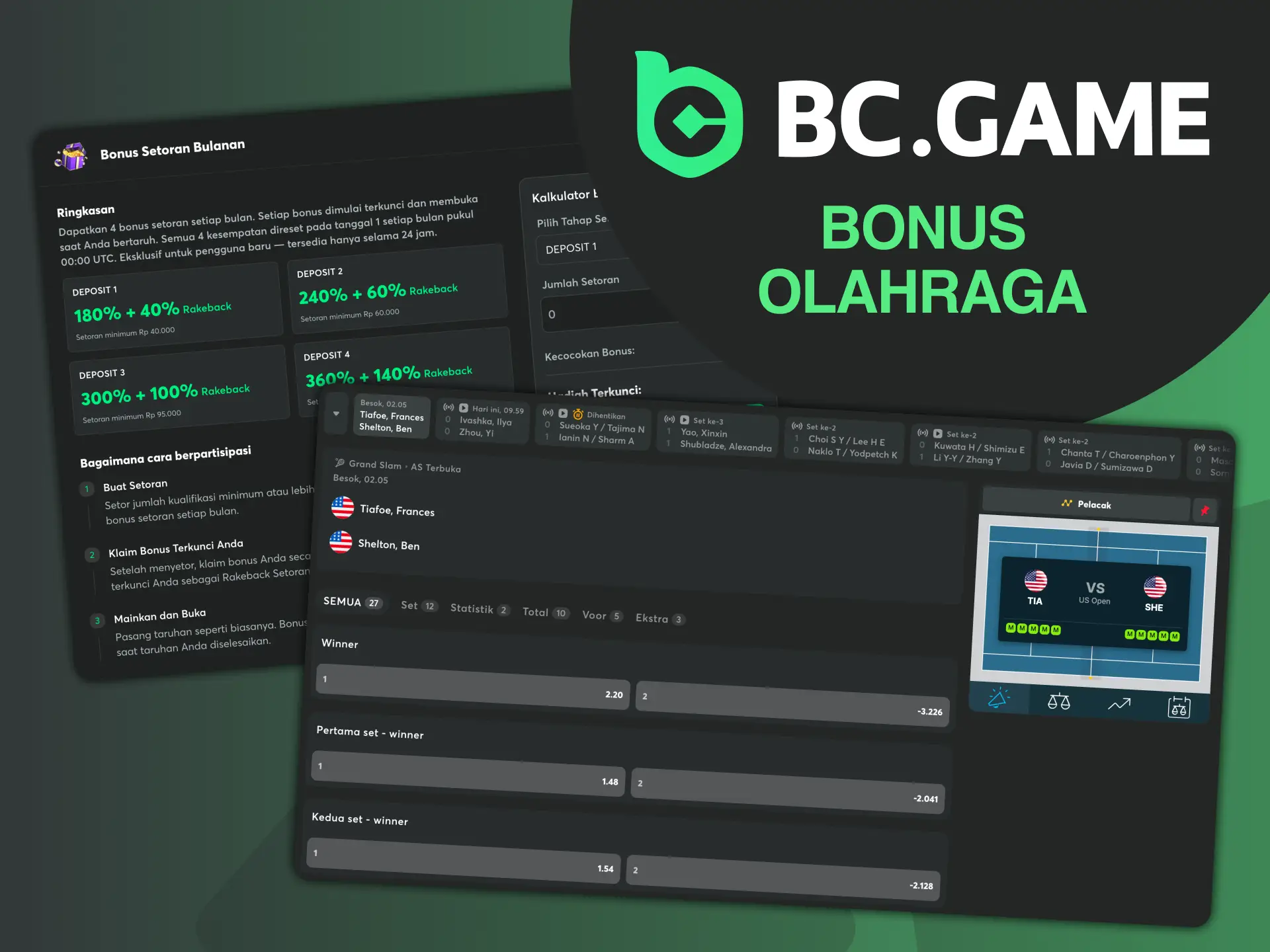 Klaim bonus olahraga BC Game untuk mulai taruhan tenis online.