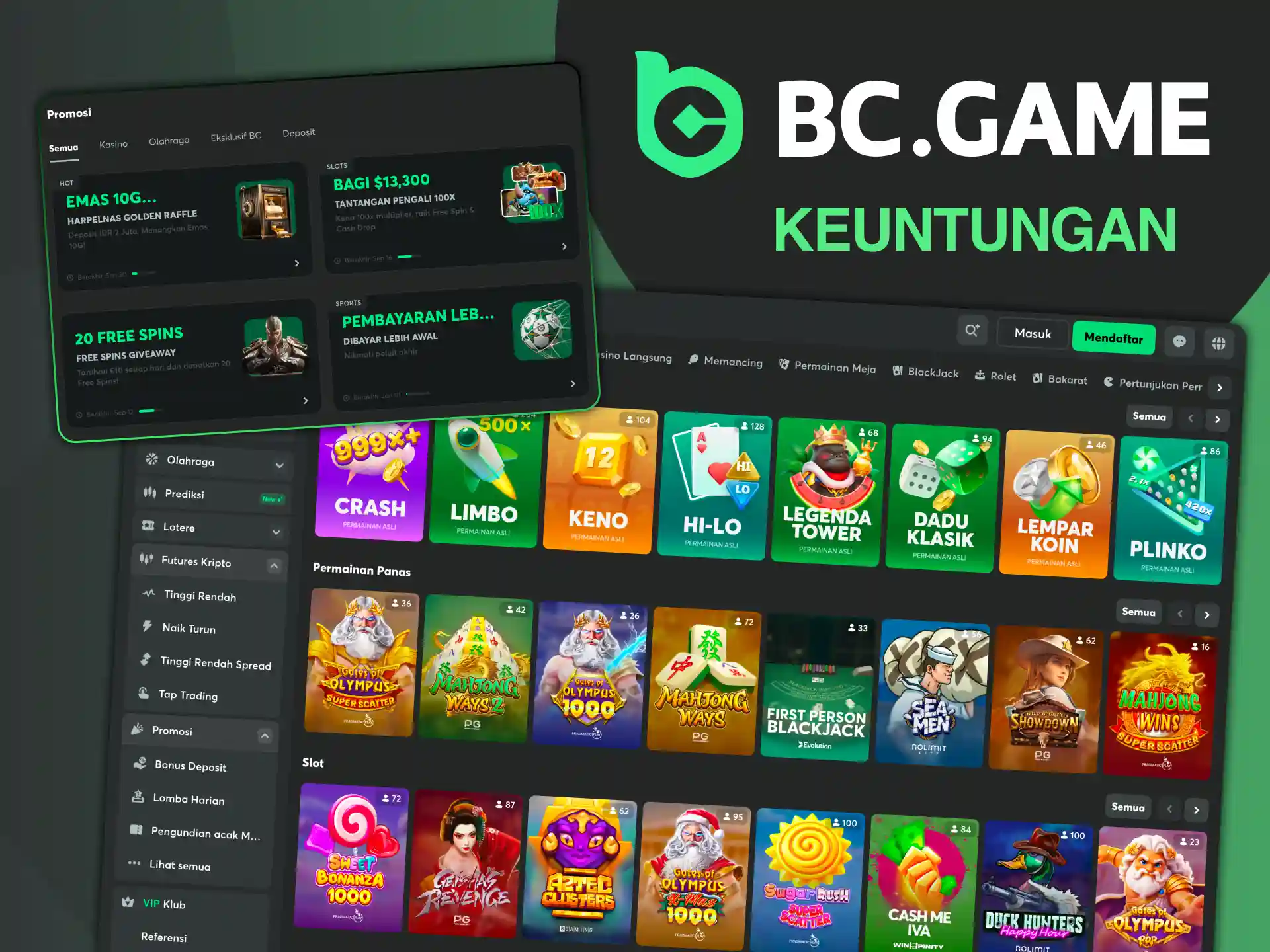 Pendaftaran yang mudah, sejumlah besar game dengan lisensi game, dan bahkan lebih banyak lagi keuntungan dari BC Game.